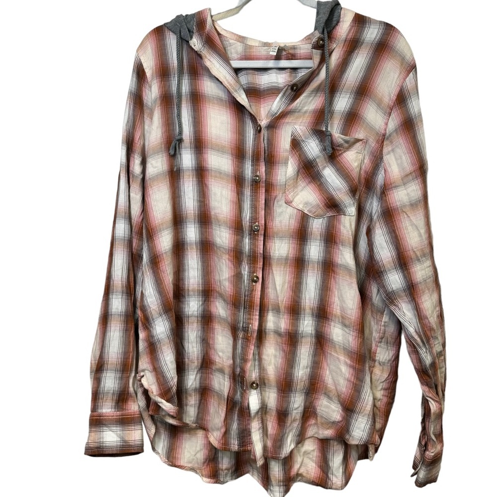 Mudd Plaid Print Hooded Casual Flannel Button Up Shirt Junior’s Size XXL